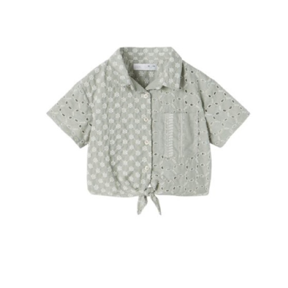 Zara Girls Sea Green Embroidered Crop Short Sleeve Shirt-Size 10